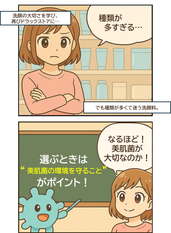 美肌菌キャラ「美肌菌の環境を守ることがポイント！」